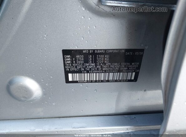 4S3BWAB64L3020463 2020 SUBARU LEGACY Silver ძრავის განყოფილების ხედი