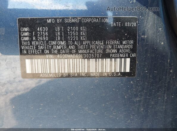 4S3BWAB69L3025707 2020 SUBARU LEGACY Blue Вид підкапотного простору