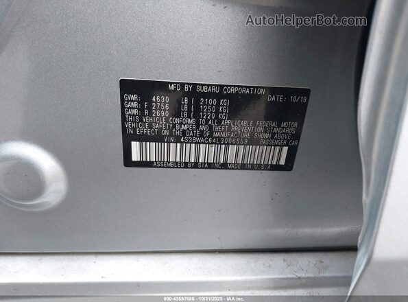 4S3BWAC64L3006559 2020 SUBARU LEGACY Silver Vista del compartimento del motor