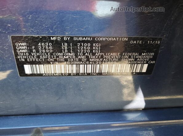 4S3BWAC64L3012605 2020 SUBARU LEGACY Blue Engine compartment view
