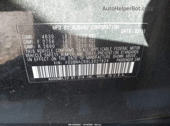 4S3BWAC69L3021929 2020 SUBARU LEGACY Black Vista del compartimento del motor
