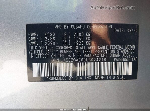 4S3BWAC69L3024216 2020 SUBARU LEGACY Silver Engine compartment view