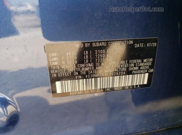 4S3BWAC69L3029724 2020 SUBARU LEGACY Blue Vista del compartimento del motor