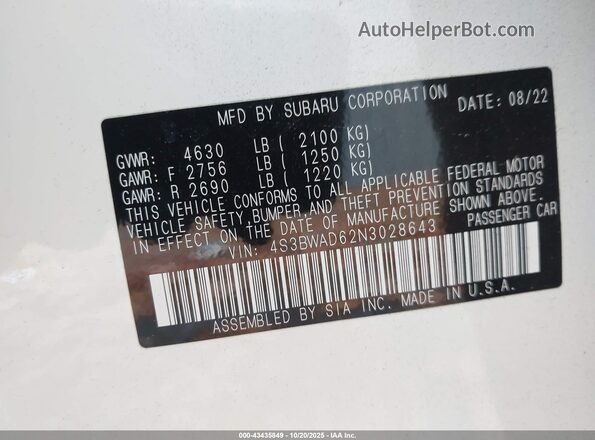 4S3BWAD62N3028643 2022 SUBARU LEGACY White Вид підкапотного простору