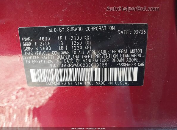 4S3BWAD62S3019159 2025 SUBARU LEGACY Red 