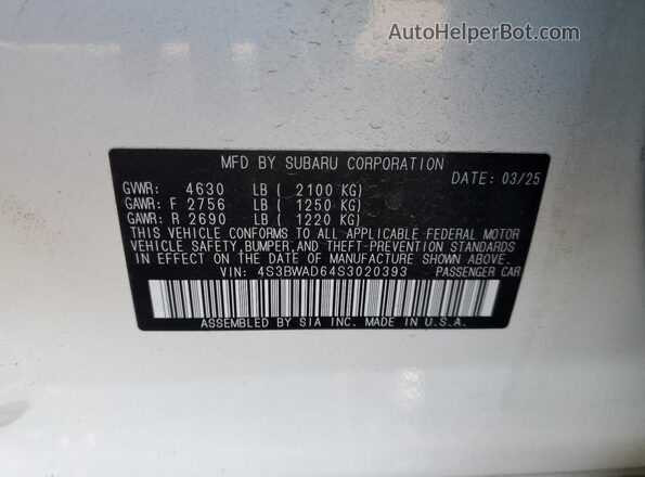 4S3BWAD64S3020393 2025 SUBARU LEGACY White Widok naklejki z numerem VIN