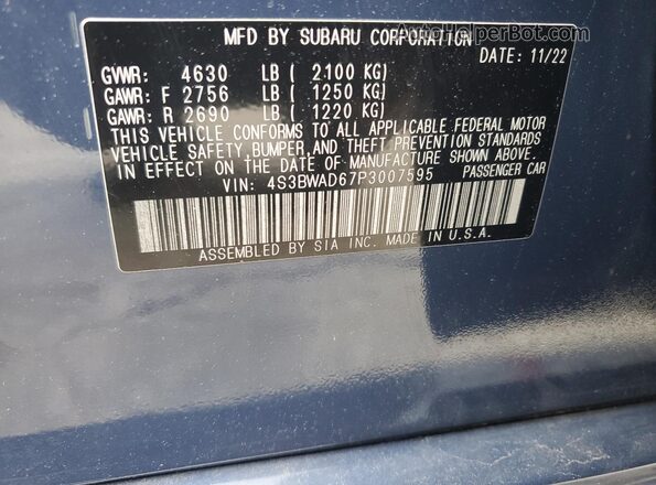 4S3BWAD67P3007595 2023 SUBARU LEGACY Blue Widok naklejki z numerem VIN