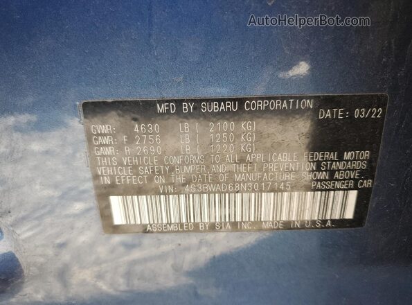 4S3BWAD68N3017145 2022 SUBARU LEGACY Blue VIN კოდის სტიკერის ხედი