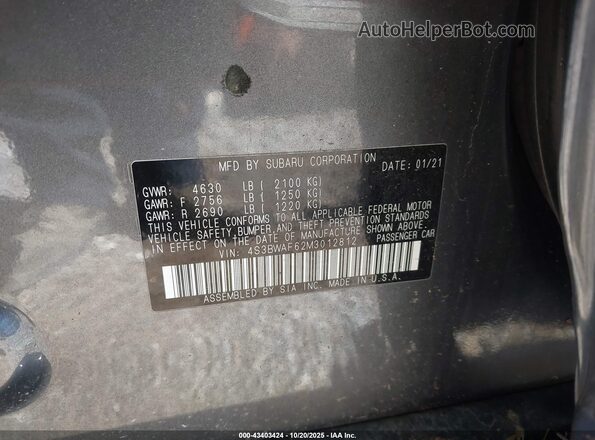 4S3BWAF62M3012812 2021 SUBARU LEGACY Gray 