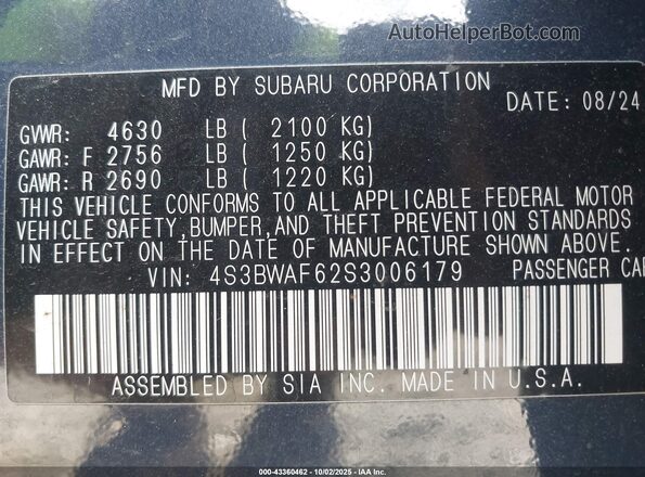 4S3BWAF62S3006179 2025 SUBARU LEGACY Blue Вид підкапотного простору