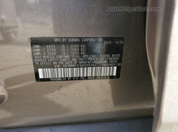 4S3BWAF63M3005397 2021 SUBARU LEGACY Silver 