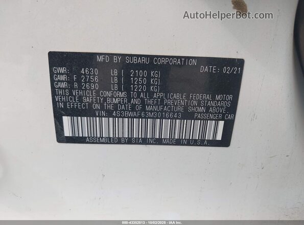 4S3BWAF63M3016643 2021 SUBARU LEGACY White 