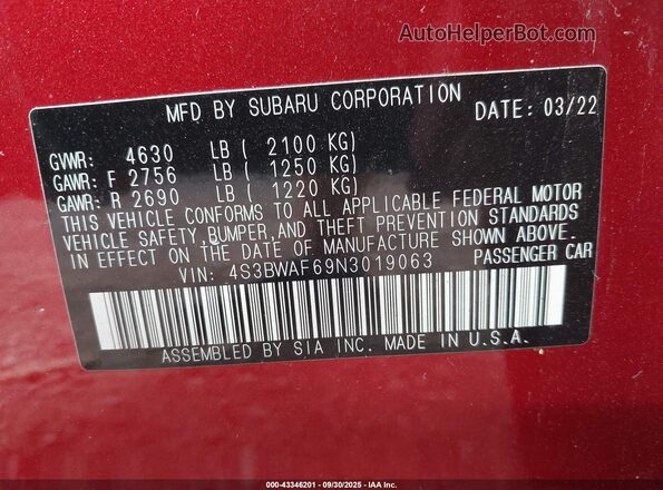 4S3BWAF69N3019063 2022 SUBARU LEGACY Red Շարժիչի բաժամունքի տեսք