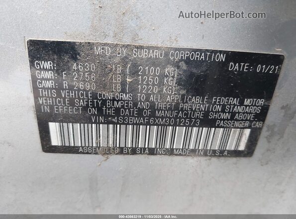 4S3BWAF6XM3012573 2021 SUBARU LEGACY Серебряный Вид подкапотного пространства