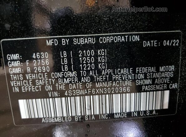 4S3BWAF6XN3020366 2022 SUBARU LEGACY Black Вид наклейки з VIN-кодом
