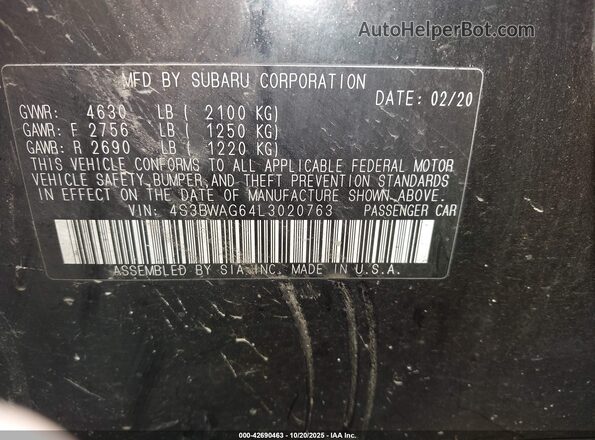 4S3BWAG64L3020763 2020 SUBARU LEGACY Black Engine compartment view