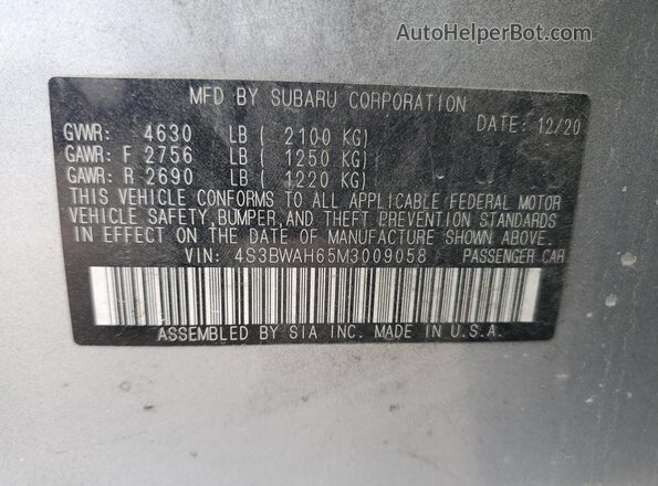 4S3BWAH65M3009058 2021 SUBARU LEGACY Silver Vista del compartimento del motor