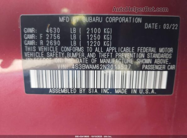 4S3BWAM62N3019537 2022 SUBARU LEGACY Red Շարժիչի բաժամունքի տեսք