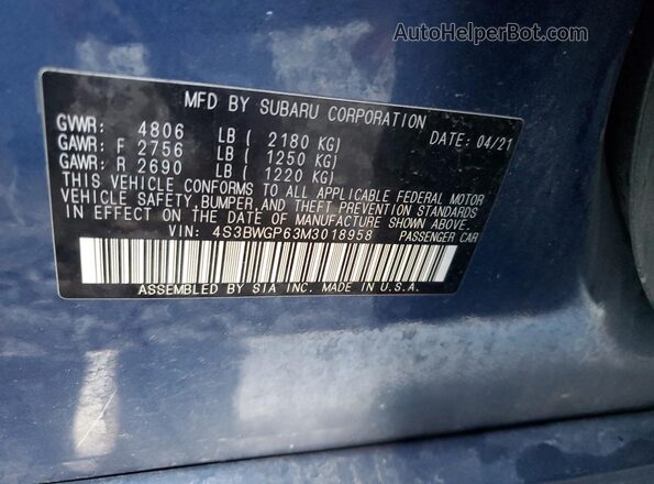 4S3BWGP63M3018958 2021 SUBARU LEGACY Blue Շարժիչի բաժամունքի տեսք