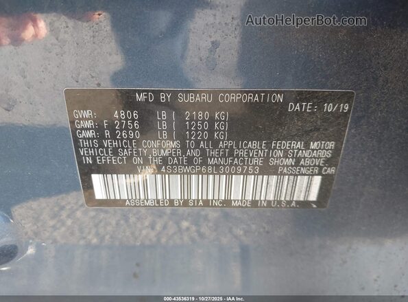 4S3BWGP68L3009753 2020 SUBARU LEGACY Blue VIN sticker view