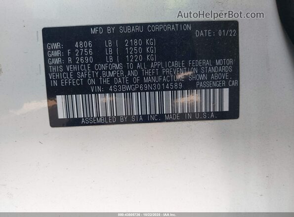 4S3BWGP69N3014589 2022 SUBARU LEGACY White Widok komory silnika