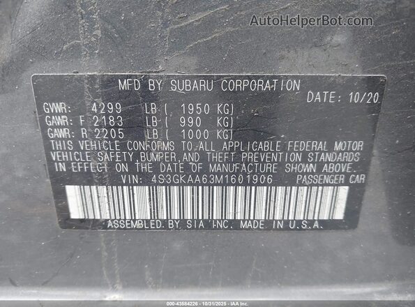 4S3GKAA63M1601906 2021 SUBARU IMPREZA Gray Widok komory silnika