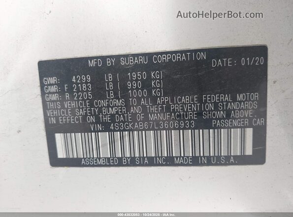 4S3GKAB67L3606933 2020 SUBARU IMPREZA White Vista del compartimento del motor