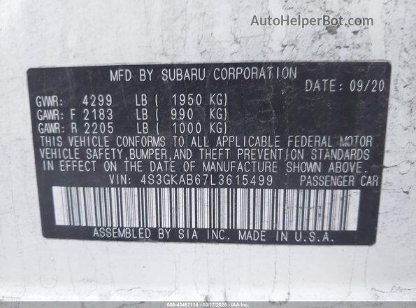 4S3GKAB67L3615499 2020 SUBARU IMPREZA White ძრავის განყოფილების ხედი