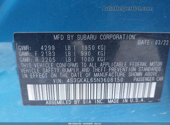 4S3GKAL65N3608150 2022 SUBARU IMPREZA Blue Vista del compartimento del motor