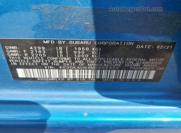 4S3GKAU68M3605322 2021 SUBARU IMPREZA Blue 