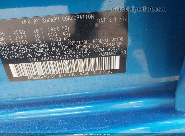 4S3GTAD67L3707464 2020 SUBARU IMPREZA Blue Engine compartment view