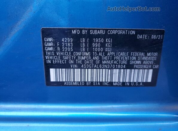 4S3GTAL62N3701804 2022 SUBARU IMPREZA Blue VIN կոդի պիտակի տեսք