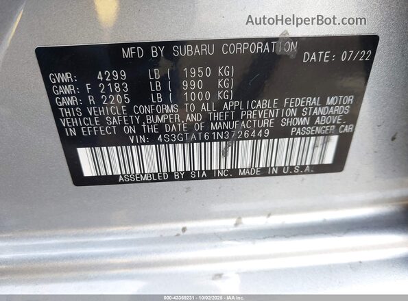 4S3GTAT61N3726449 2022 SUBARU IMPREZA Silver 