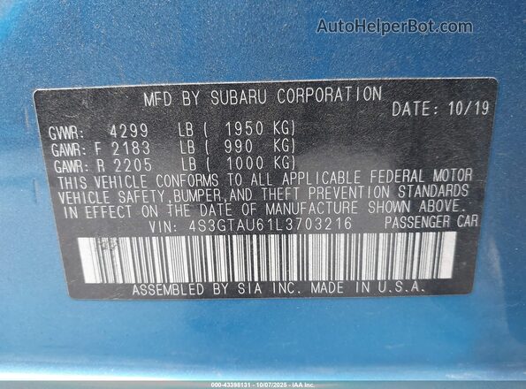 4S3GTAU61L3703216 2020 SUBARU IMPREZA Blue Շարժիչի բաժամունքի տեսք