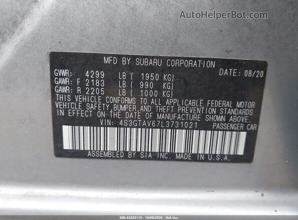 4S3GTAV67L3731021 2020 SUBARU IMPREZA Silver Vista del compartimento del motor