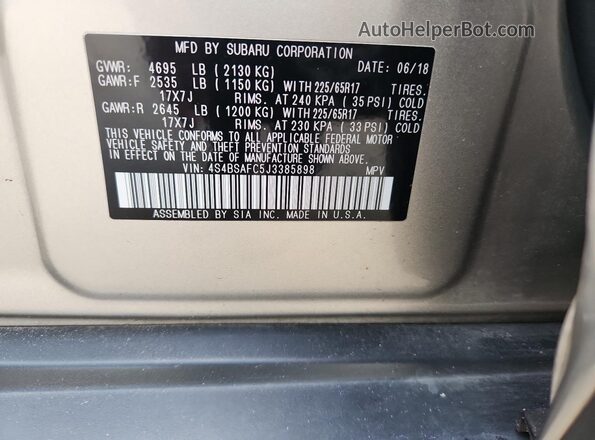 4S4BSAFC5J3385898 2018 SUBARU OUTBACK Бежевый 