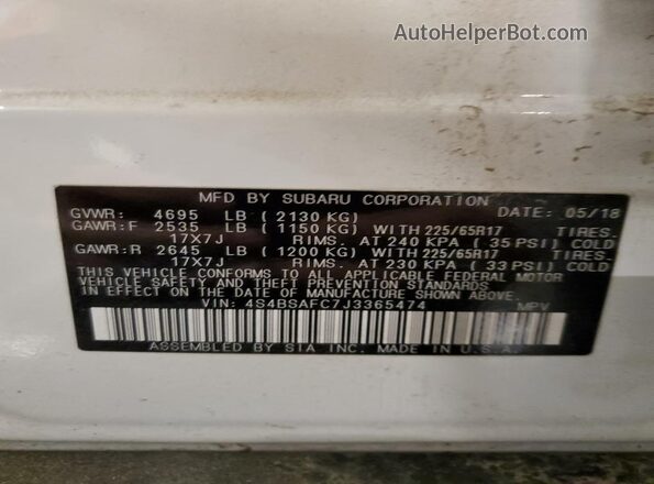 4S4BSAFC7J3365474 2018 SUBARU OUTBACK White 