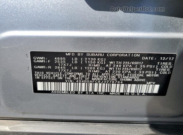 4S4BSAFC8J3278764 2018 SUBARU OUTBACK Silver 