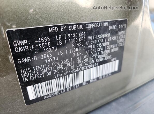 4S4BSANC4K3290994 2019 SUBARU OUTBACK Green VIN კოდის სტიკერის ხედი