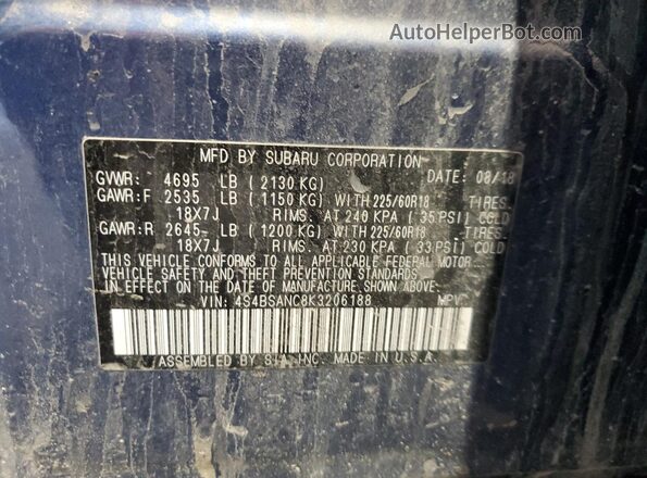 4S4BSANC8K3206188 2019 SUBARU OUTBACK Blue Widok komory silnika