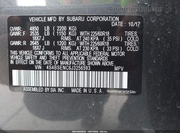 4S4BSENC6J3256593 2018 SUBARU OUTBACK Gray 