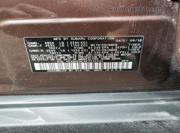 4S4BSENC9K3235500 2019 SUBARU OUTBACK Brown 360 interior view