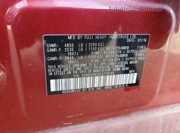 4S4BSENCXG3279240 2016 SUBARU OUTBACK Red სალონის 360-გრადუსიანი ხედი