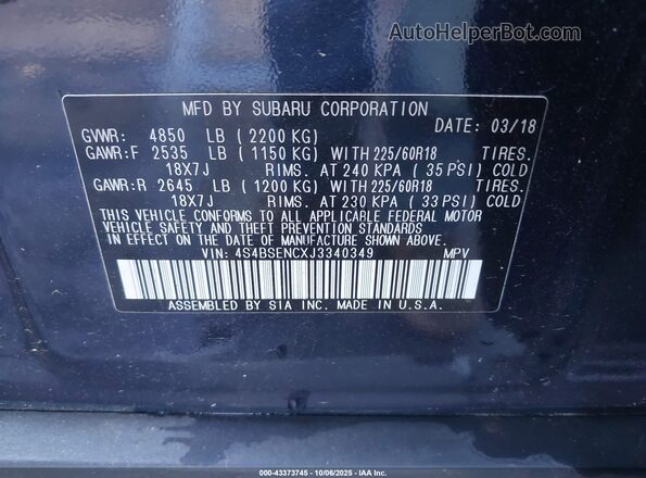 4S4BSENCXJ3340349 2018 SUBARU OUTBACK Dark Blue 