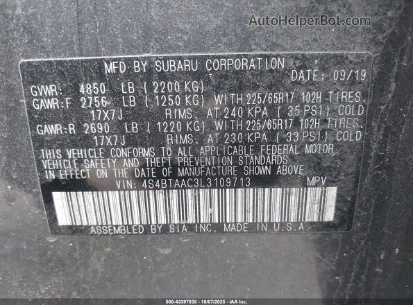 4S4BTAAC3L3109713 2020 SUBARU OUTBACK Gray Vista del compartimento del motor
