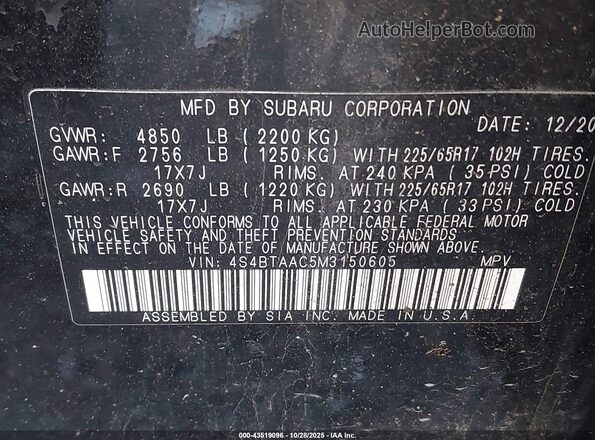 4S4BTAAC5M3150605 2021 SUBARU OUTBACK Black Вид підкапотного простору