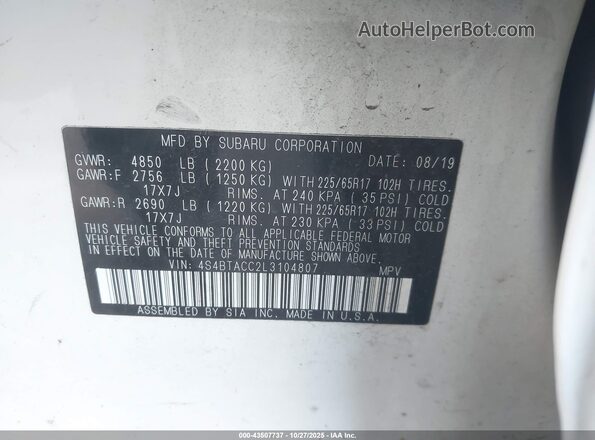 4S4BTACC2L3104807 2020 SUBARU OUTBACK White ძრავის განყოფილების ხედი