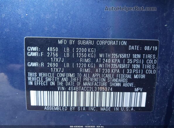 4S4BTACC2L3105374 2020 SUBARU OUTBACK Blue Vista del compartimento del motor