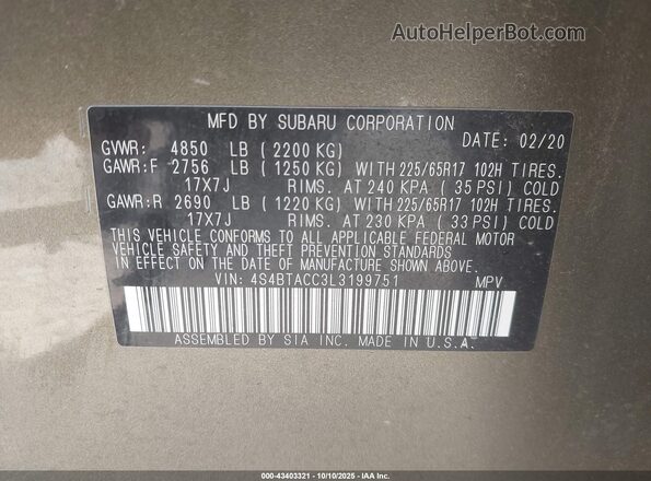 4S4BTACC3L3199751 2020 SUBARU OUTBACK Green Engine compartment view
