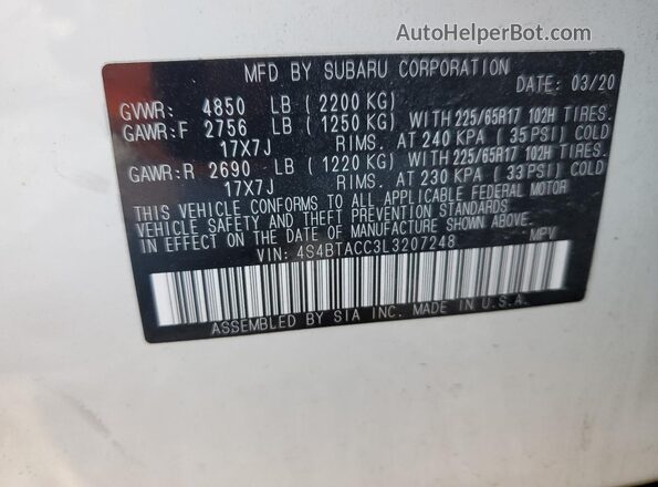 4S4BTACC3L3207248 2020 SUBARU OUTBACK Белый Вид наклейки с VIN-кодом